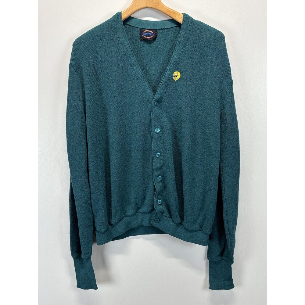 Vtg Mens Jantzen Knit Cardigan Sweater Sz Large Teal Tweety Bird Patch USA
